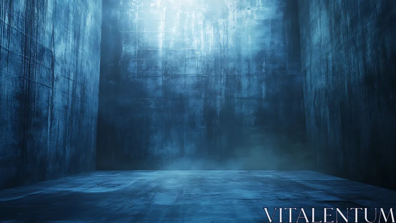 Blue void chamber drenched in misty light and quiet tension.
