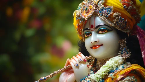 Flute-bright deity gaze in jeweled saffron serenity.