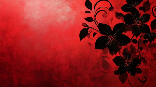 Black Silhouette Flowers Bloom Against Vibrant Red Background.