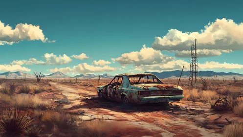 Rusted sedan anchors a desolate desert track under vast skies