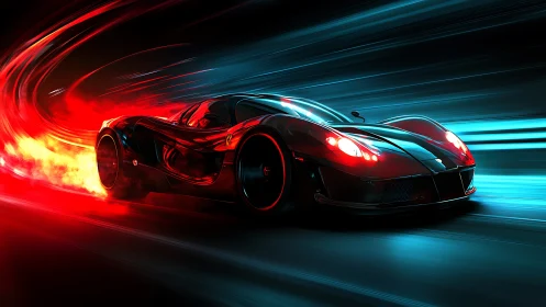 Futuristic red sports car accelerates through neon tunnel