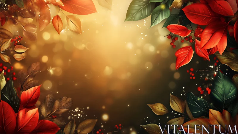 Autumn leaves frame warm golden bokeh light background