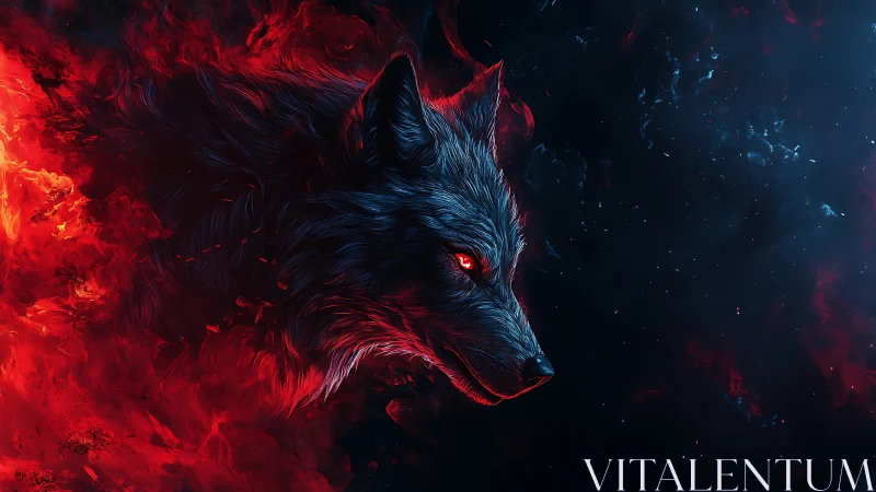 Fiery cosmic wolf head emerges from darkness in vivid glow