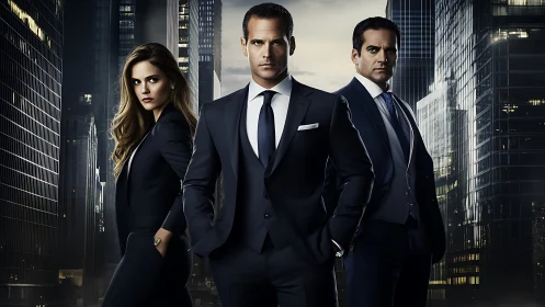 Three corporate professionals in navy suits positioned against metropolitan skyline backdrop.