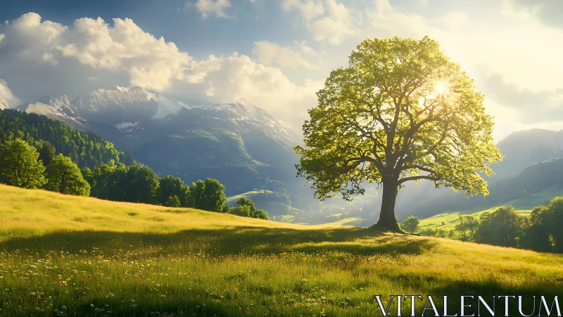 Solitary deciduous tree in sunlit alpine meadow, backlit glow