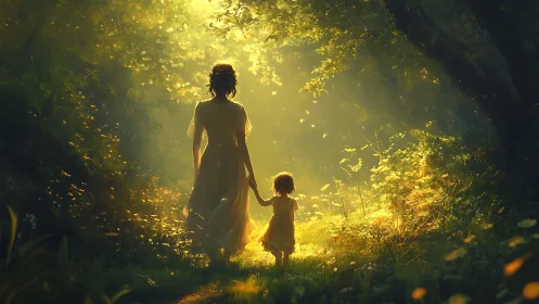 Mother and child walk through sunlit forest path together