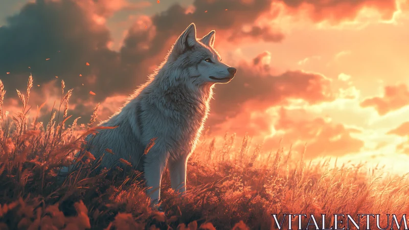 Lone wolf watches a blazing sunset over glowing meadow