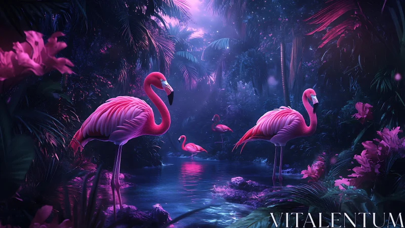 Neon flamingos wading through a bioluminescent jungle pool.