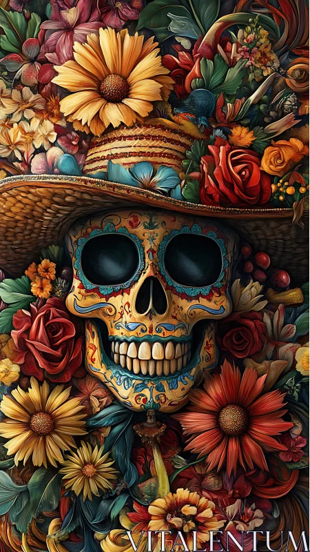 Sugar skull blooms within dense floral tapestry. Period.
