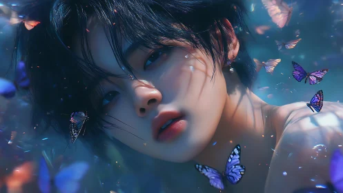 Dreamlit gaze amid drifting violet butterflies in blue dusk.