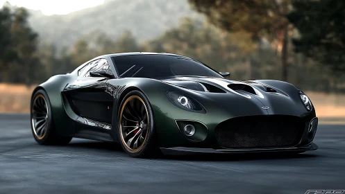 Low-angle render of matte green hypercar with wide aero bodywork