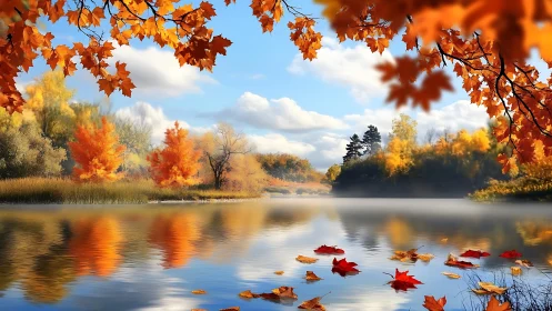Golden autumn shoreline reflects vivid foliage across lake