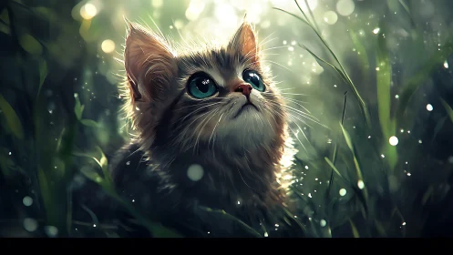 Luminous Kitten Gazing Through Enchanted Meadow