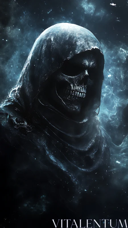 Digital painting of spectral reaper figure in cosmic shroud.