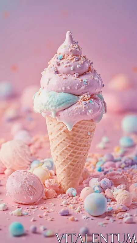 Pastel ice cream cone on monochrome pink background.