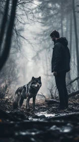 Man stands with wolf amid misty forest clearing at dawn