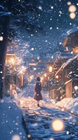 Snowy night alley with solitary girl under warm lanterns.