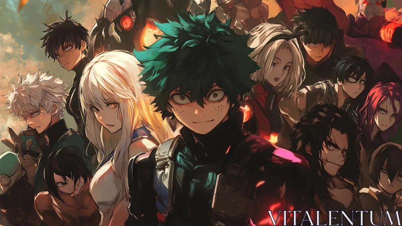 Fired‑up anime heroes stand united in a dramatic battle scene