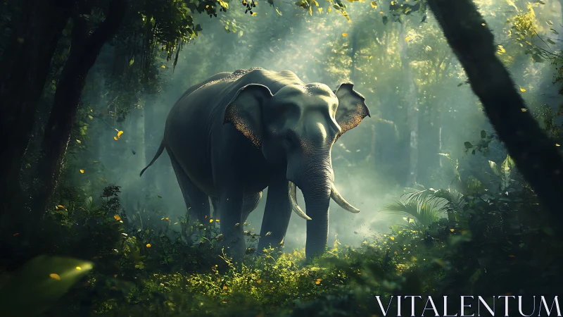 Solitary jungle elephant bathed in ethereal morning light.