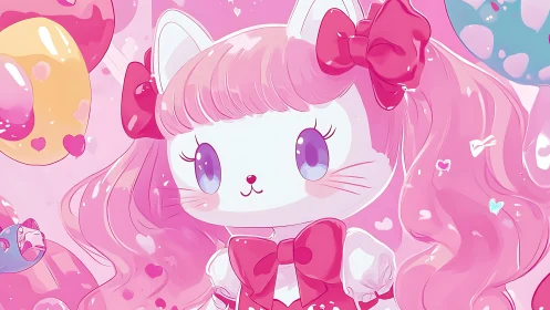 Anthropomorphic Cat Character with Pink Hair Bow.