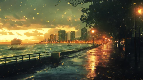 Rainy urban waterfront promenade at sunset with city skyline.