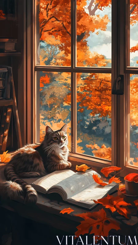 Cozy Autumn Moments: Cat Reading by the Window.