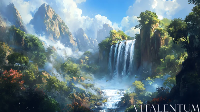 Emerald cliffs cradle a roaring skyfall of luminous mist.