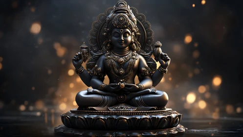 Serene multi-armed deity in glowing bronze meditation moment.