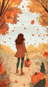 Autumn girl walking path under falling leaves illustration.