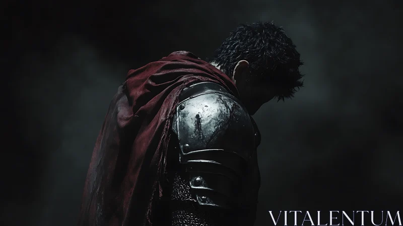 Brooding armored warrior under shadowed crimson cloak.
