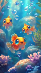 Playful goldfish friends exploring a dreamy coral playground.