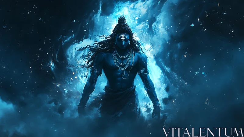 Mythic blue deity in radiant cosmic vortex composition.