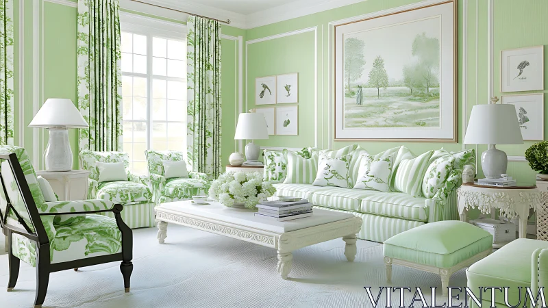 Pastel green traditional living room with botanical prints.