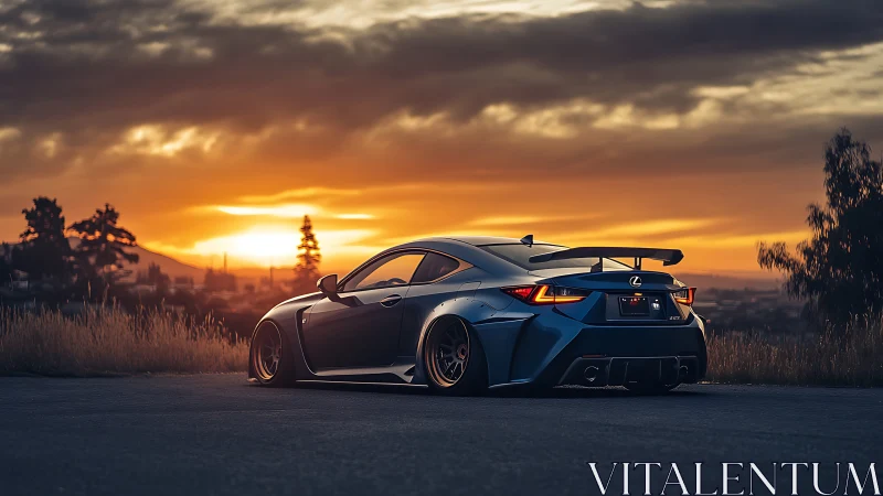 Widebody Lexus coupe at sunset with aero kit precision.