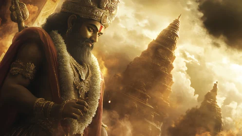 Golden temple guardian watching over misty sacred spires.