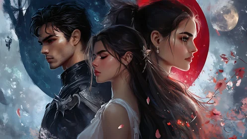 Triptych of fantasy figures aligned against dual chromatic moons