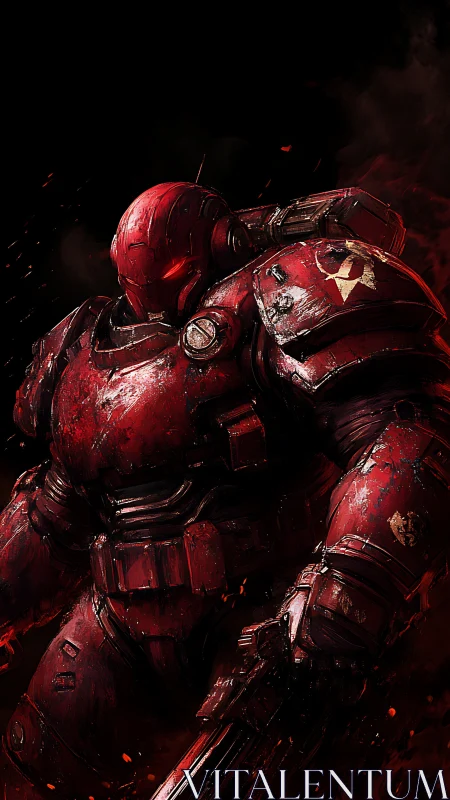 Digital painting of red battle mech in gritty combat lighting.