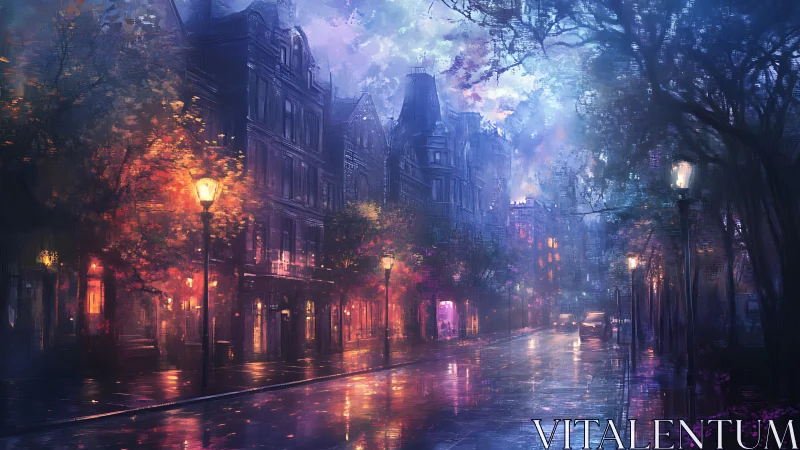Rain soaked city street shows glowing lamps and wet pavement