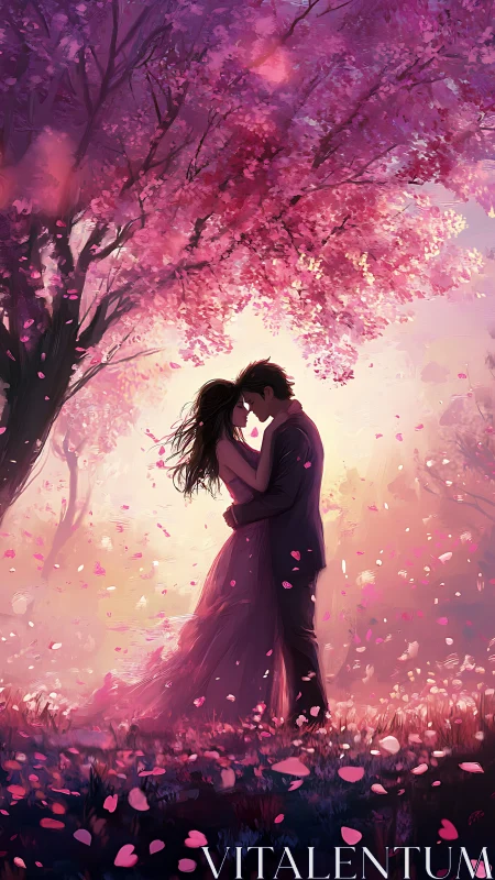 Couple Under Blooming Tree at Sunset.