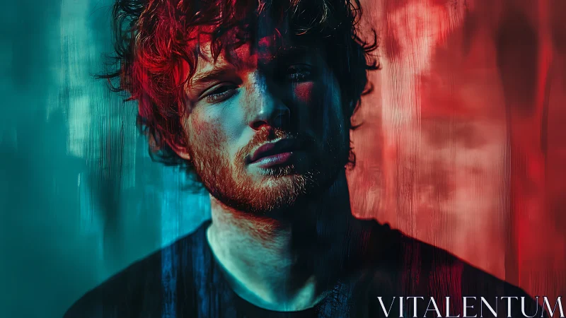 Male subject under split red and teal directional lighting.