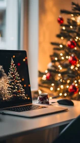 Laptop on modern desk mirrors illuminated Christmas tree
