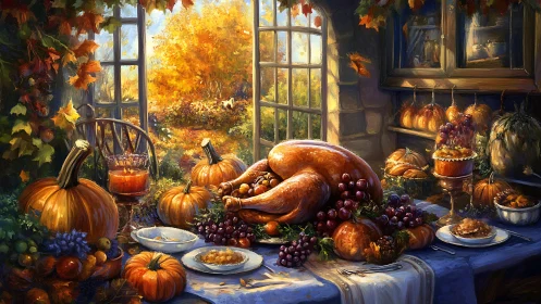Harvest feast table with roasted turkey and pumpkins.