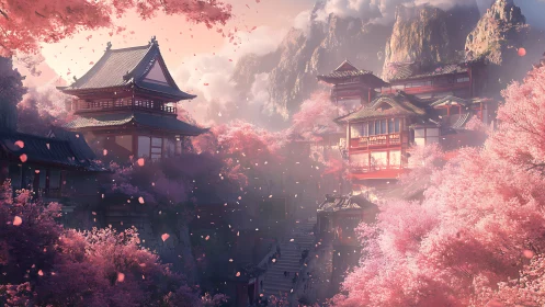 Mountain temple complex glows amid dense cherry blossoms at dusk