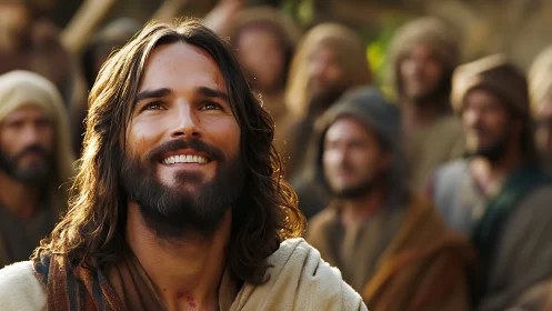 Bearded robed man smiling among blurred followers crowd.