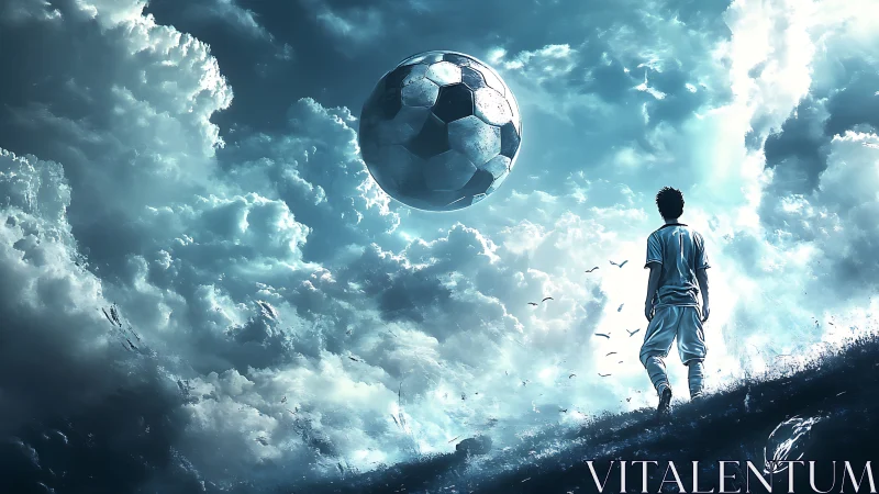 Figure observes oversized football suspended within dense clouds