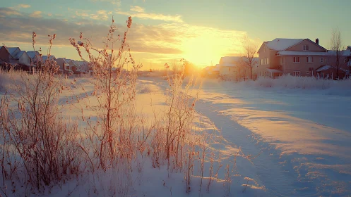 Winter sunrise over snowy suburban field and frosted homes.