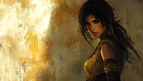 Defiant desert wanderer resting in golden shadowed light.