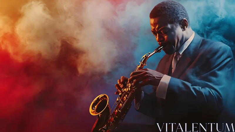 Smoky jazz saxophonist in vivid red and blue stage light.