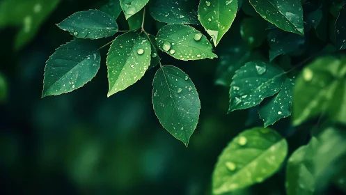 Rain-kissed green leaves capture sharp morning light