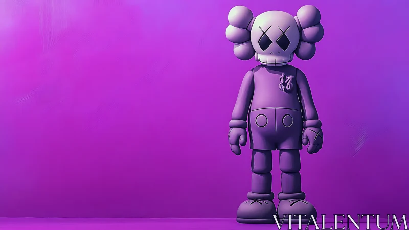 Purple vinyl toy figure on magenta gradient background, frontal